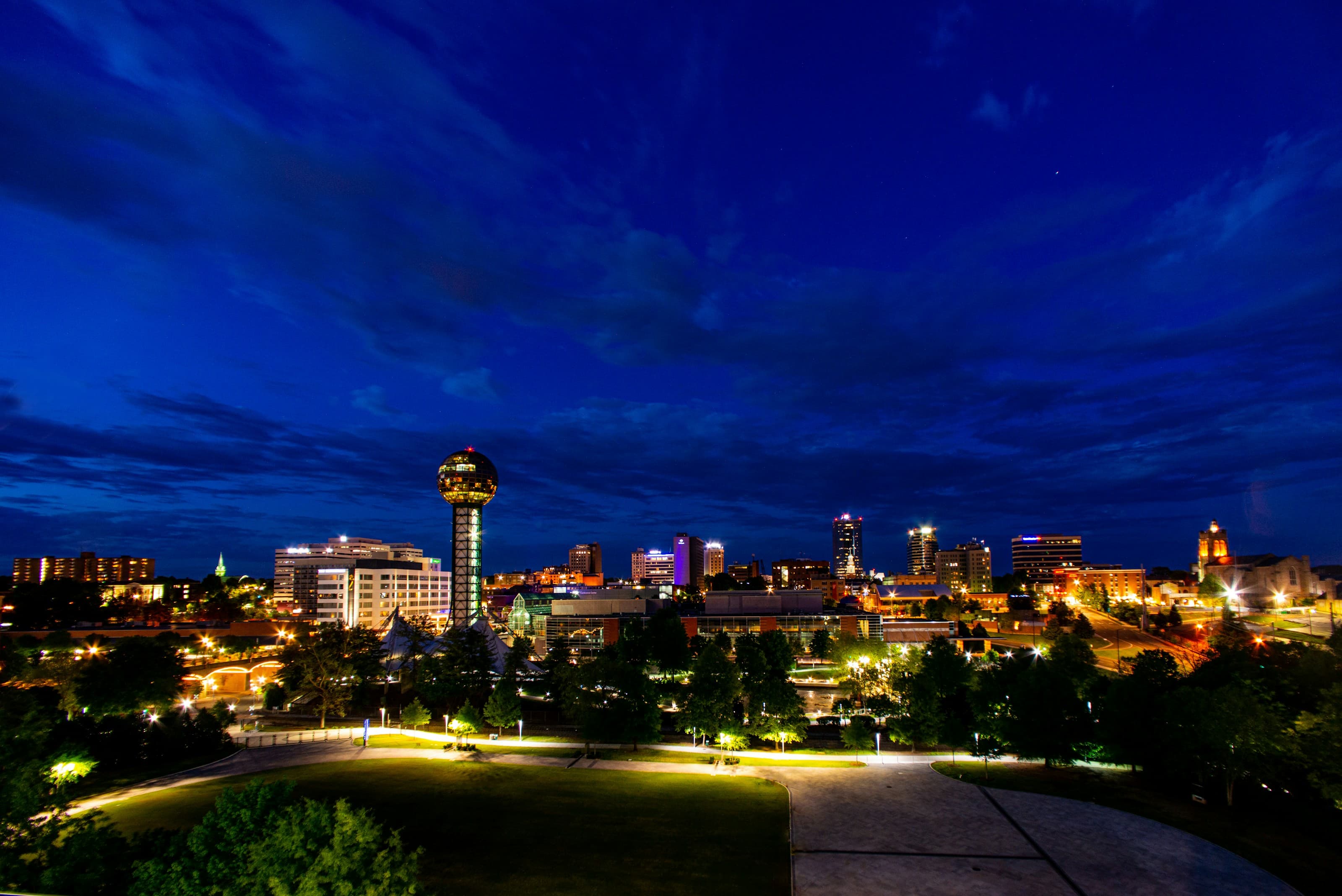 Downtown Knoxville skyline and the Sunsphere at dusk